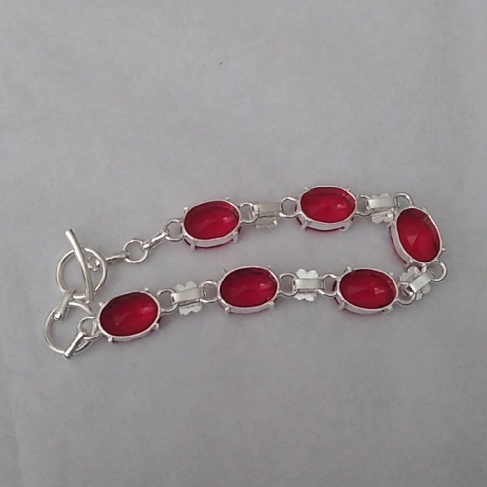 Red Garnet + Sterling Silver Chain Toggle Bracelet, up to 8" - Picture 5 of 7